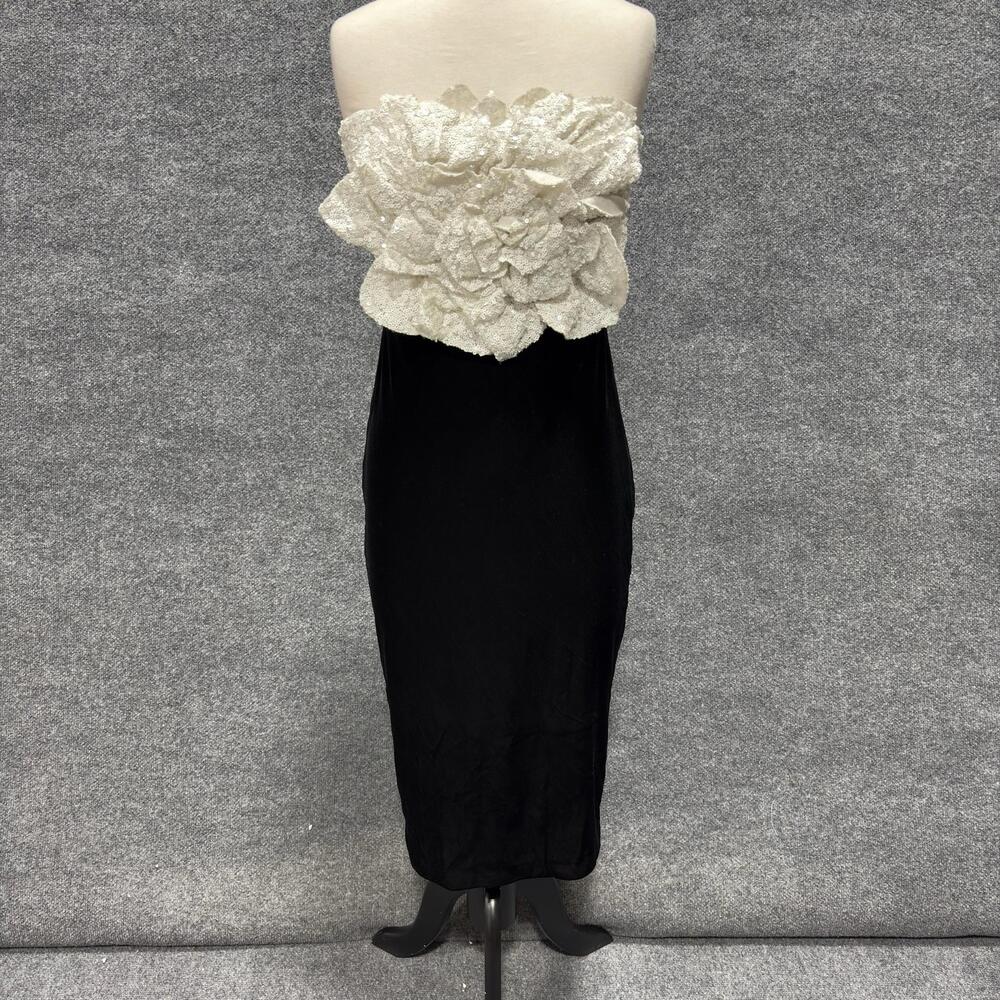 Badgley Mischka Dress Womens 6 Black Sequin Floral Strapless Velvet Sheath Midi